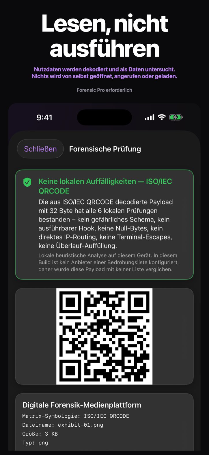 Lesen, nicht ausführen — Nutzdaten werden dekodiert und als Daten untersucht. Nichts wird von selbst geöffnet, angerufen oder geladen. (Forensic Pro erforderlich)