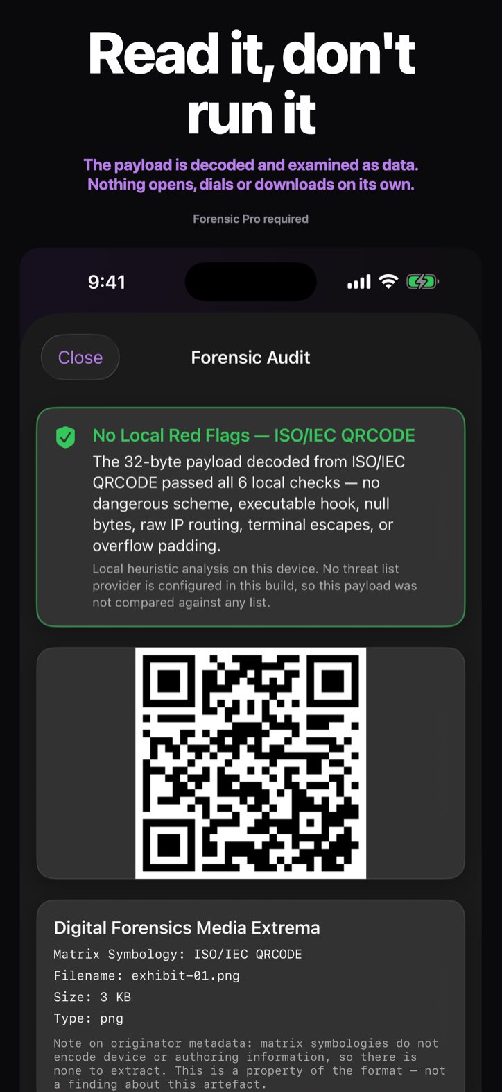 Read it, don't run it — The payload is decoded and examined as data. Nothing opens, dials or downloads on its own. (Forensic Pro required)