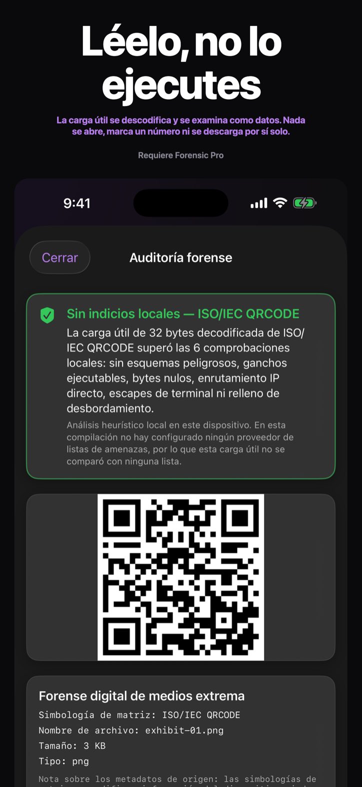 Léelo, no lo ejecutes — La carga útil se descodifica y se examina como datos. Nada se abre, marca un número ni se descarga por sí solo. (Requiere Forensic Pro)