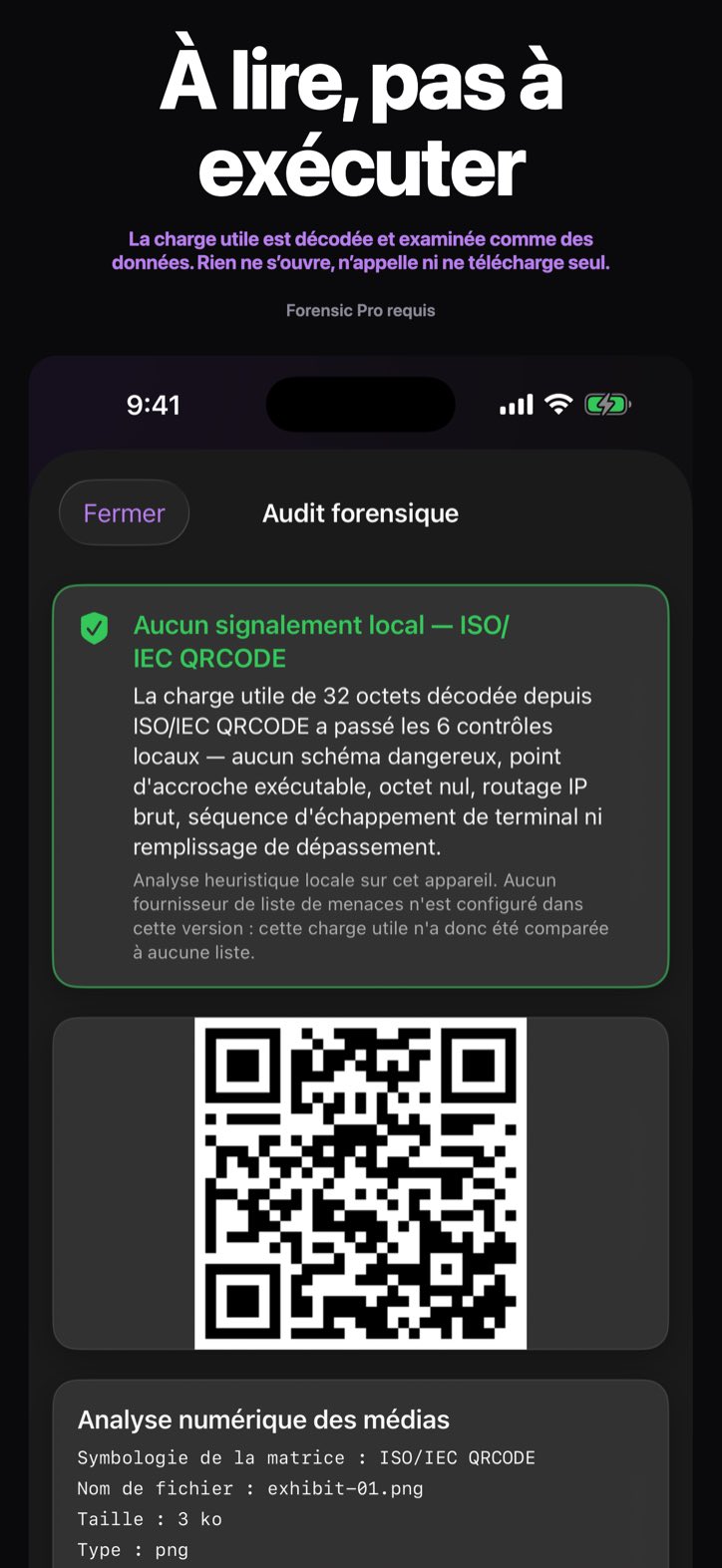À lire, pas à exécuter — La charge utile est décodée et examinée comme des données. Rien ne s’ouvre, n’appelle ni ne télécharge seul. (Forensic Pro requis)